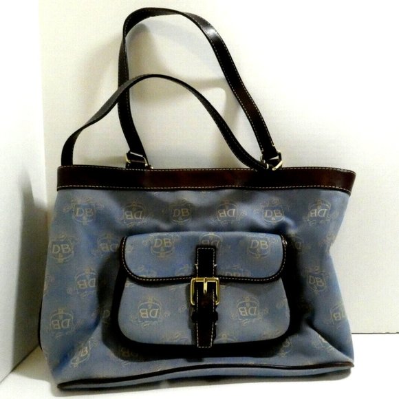 Dooney & Bourke Satchel Blue Denim DB Saddlebag Logo Handbag Leather Trim Purse - Picture 1 of 16